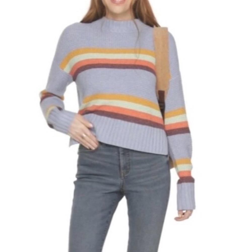 SO Women's Blue Striped mock neck Sweater